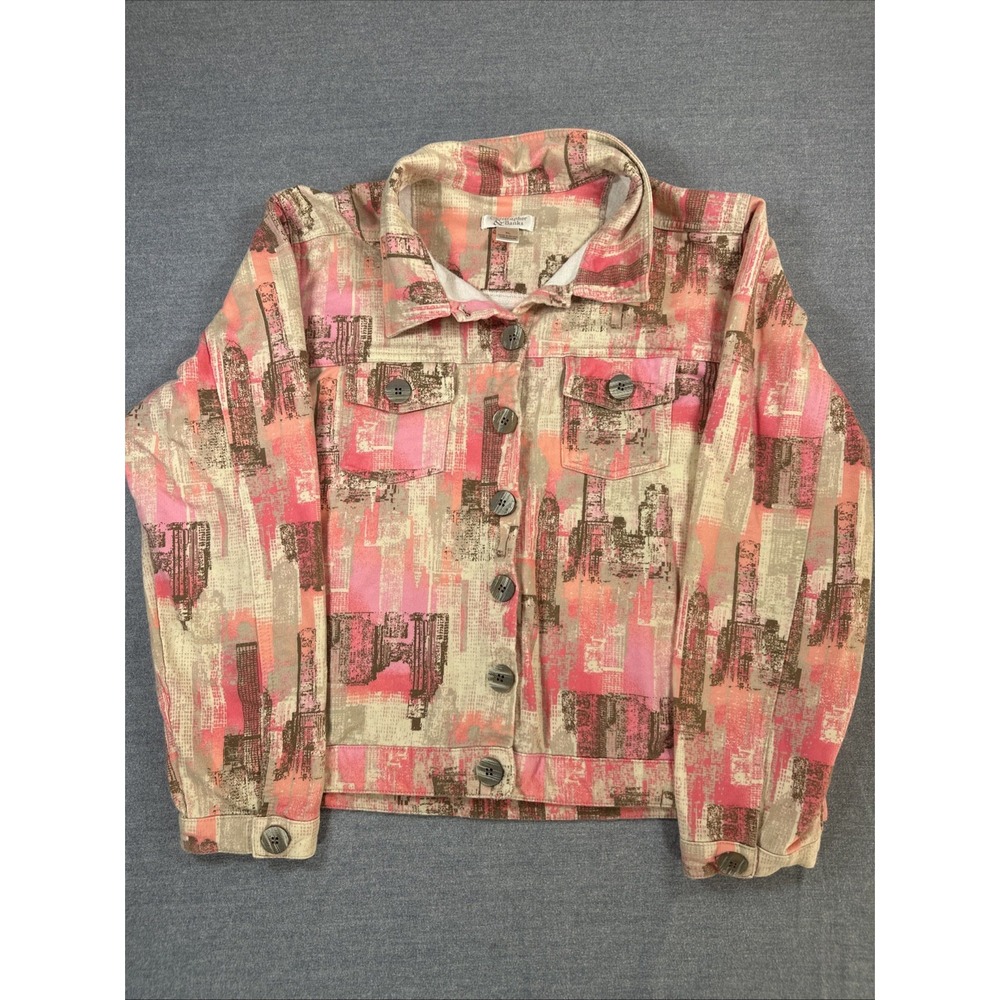 Christopher & Banks Ladies Abstract Art Button Down Jacket Pink Buildings XL